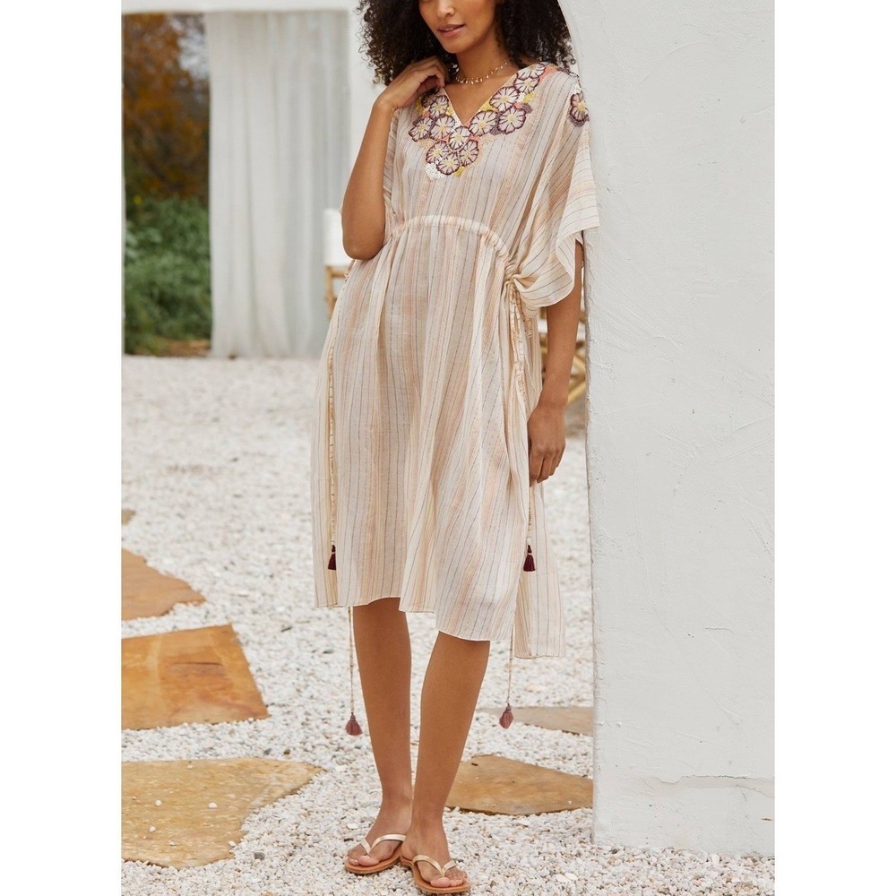 Duet Kaftan‎ Dress Womens One Size Cream Metallic Stripe Embroidered Tassel Boho